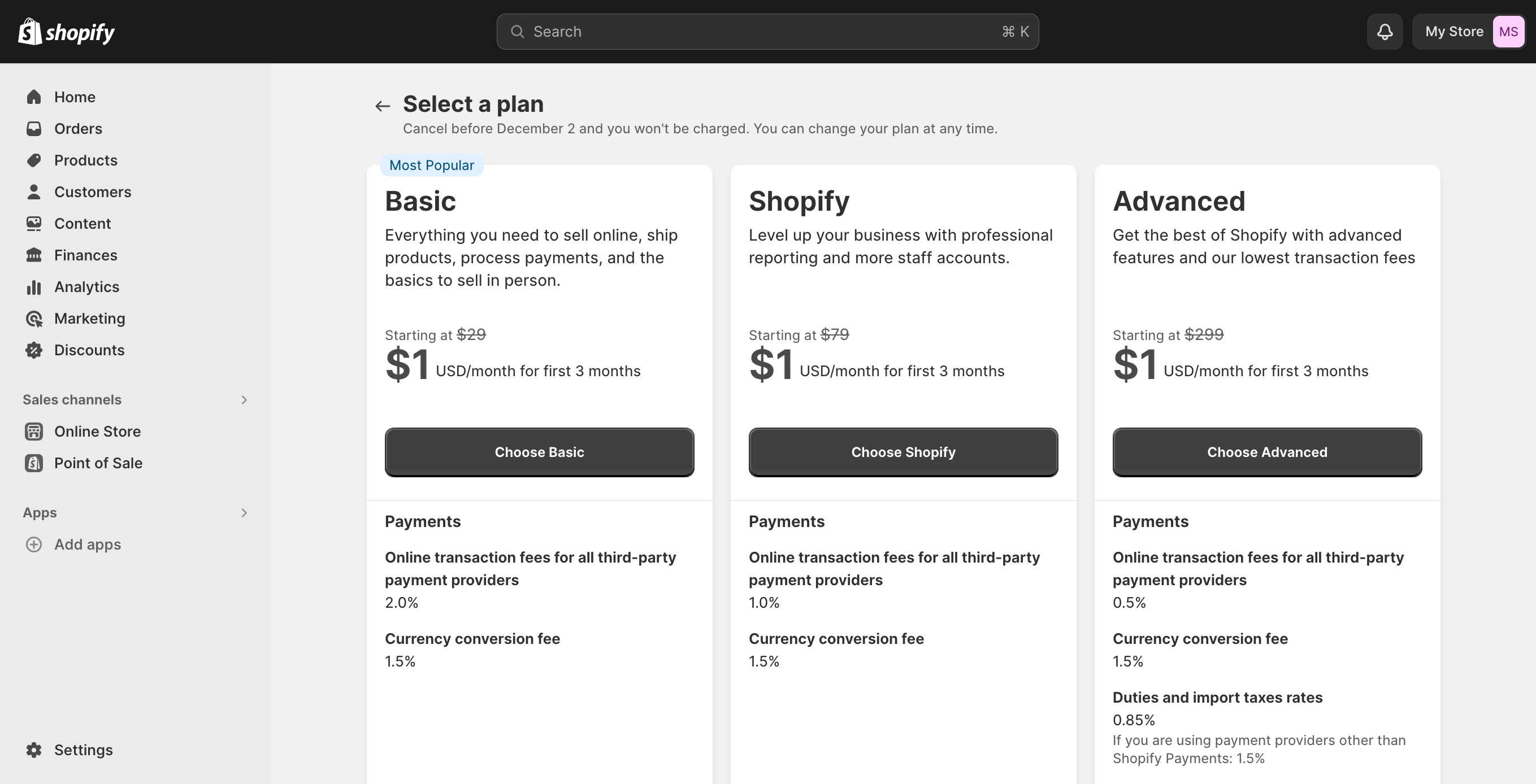 shopify priing
